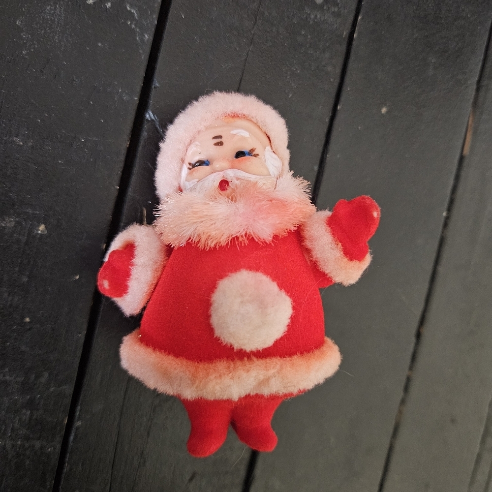 Vintage Flocked Jolly Santa Clause Christmas Decor Made in Japan 4" Red Holiday